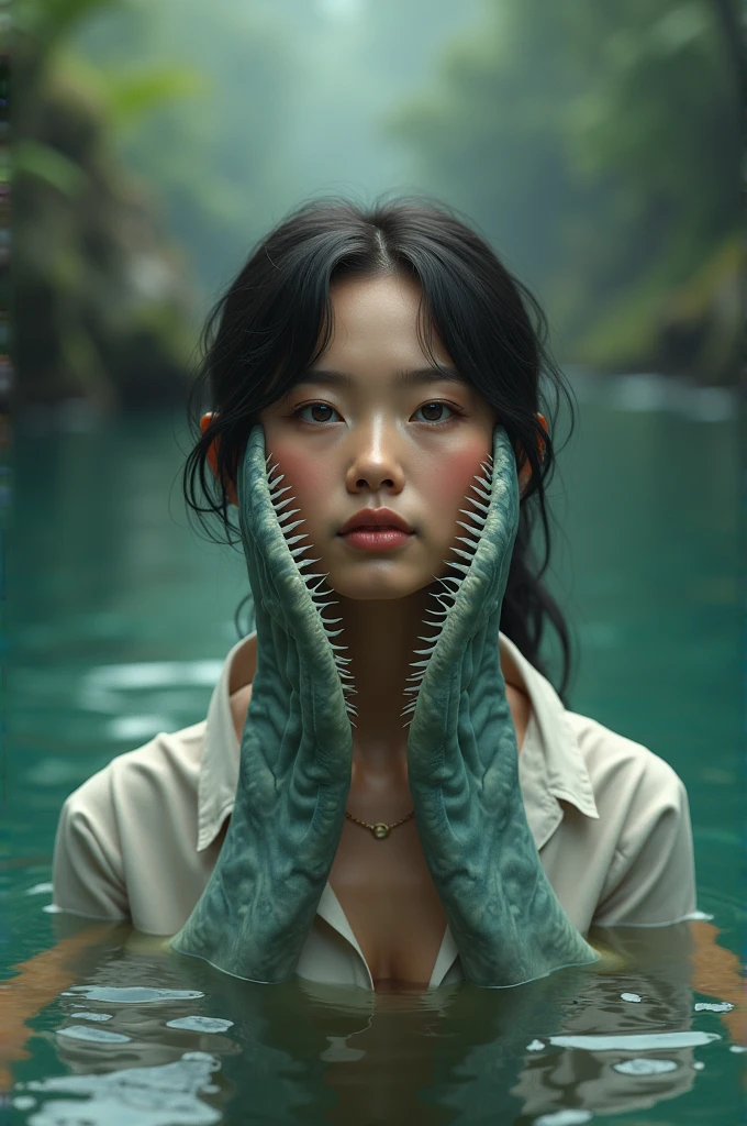 (high quality), (masterpiece), (detailed), 8K, Hyper-realistic portrayal of a futuristic (1girl1.2), Japanese character amidst a shocking bloodbath with sharks. Meticulous details capture the intensity, blending tradition and futuristic elements in this visually stunning and dramatic composition. Trending on Artstation.