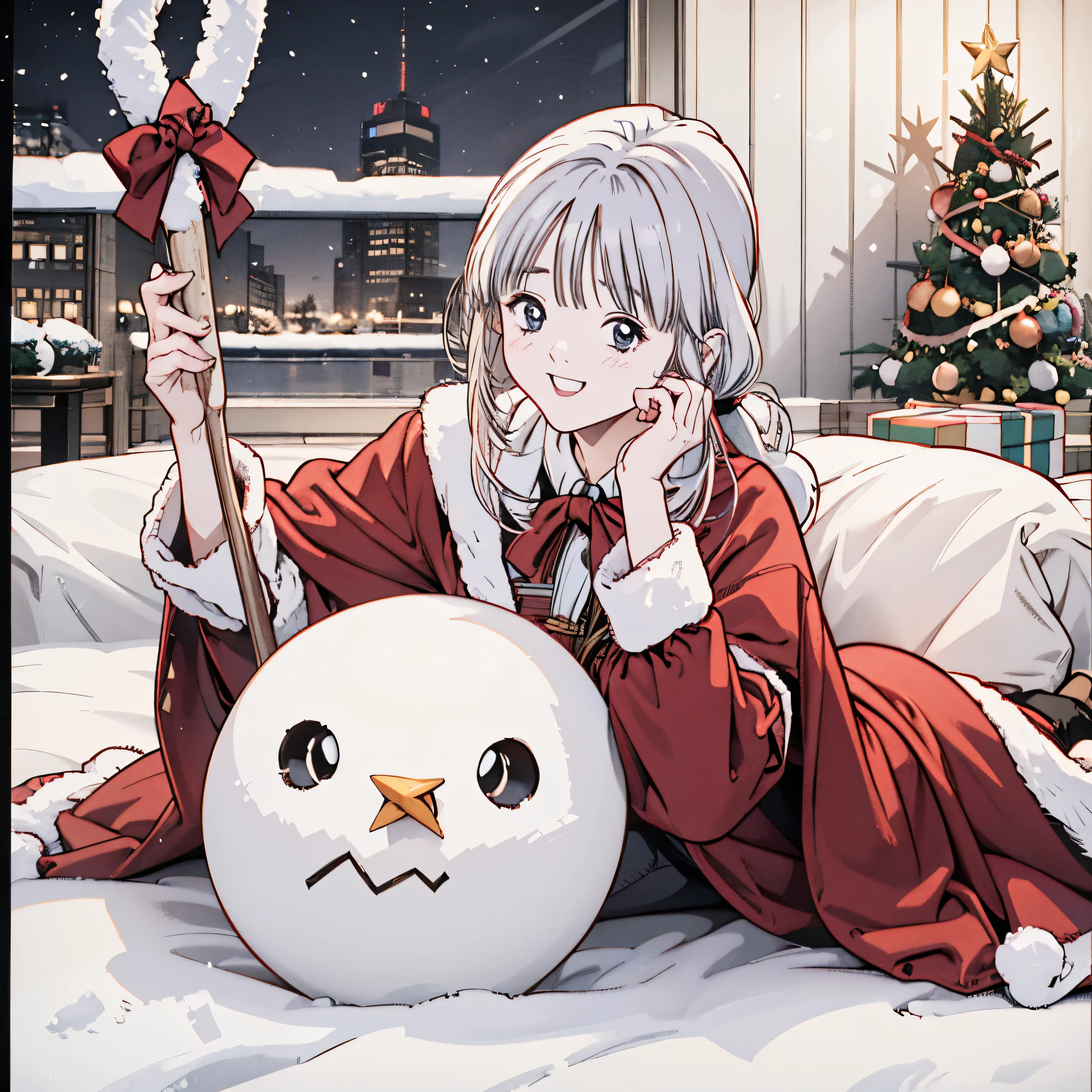 ((8k、Realistic、 RAW photos from the last century、Best Quality: 1.3)、（real skin）,beautiful expression、 super high definition、(Anime Girls In Christmas Uniforms ,Fluffy)、 soft、 slender body sitting in a rock bath ,Curvy , Beautiful detailed face,( one girl playing pranks,長い silver hair, ponytail,Glasses ),beautiful、 Shows Attractive and Unrealistic ,Honey, anime girl ,Pixiv, Fascinating  anime girl , mischief, mischief anime style, Iori, big soft boobs ,Honey, Has a walking stick , laughing shyly 、 ponytail , silver hair ,, Christmas Costumes ,Glasses , smiling shyly 、background：Snowfield、 Christmas trees、Snow is falling、 imaginary、Holy Night、 snowman、