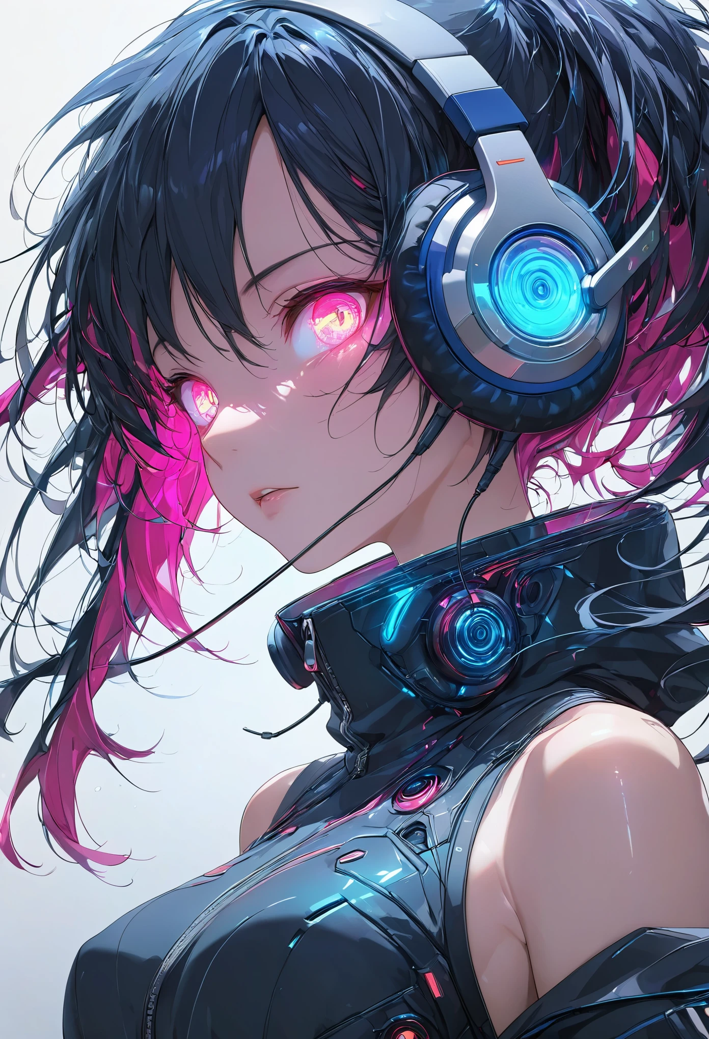 glowing eyes, colourful glowing hair, wearing headphone, anime style, high detail, Futurism, glowing light, UHD, retina, masterpiece, ccurate, anatomically correct, textured skin, super detail, high details, high quality, award winning, best quality, highres