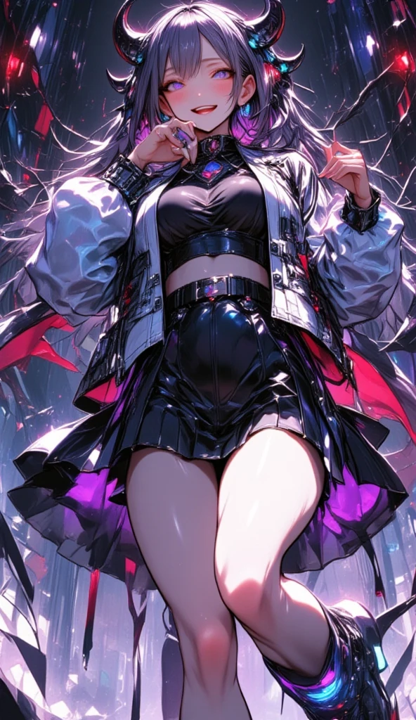 4k anime wallpaper, 4k anime wallpaper, Anime Art Wallpapers 8K, 4K Anime Style, anime art wallpaper 4k, anime art wallpaper 4k, 4k anime wallpaper, Eugeo Art, Detailed digital anime art, ((masterpiece, highest quality)), (Complex Light), Perfect hands, Perfect Eyes、Perfect legs、Hyper Detail, Bright colors, beautiful girl、cyber punk、Silver short hair, Pause, headphone, Red eyes, Tempting, Half coat on, Off the shoulder、Knee-high、boots, colorful, neon、Wet、Japanese anime style.