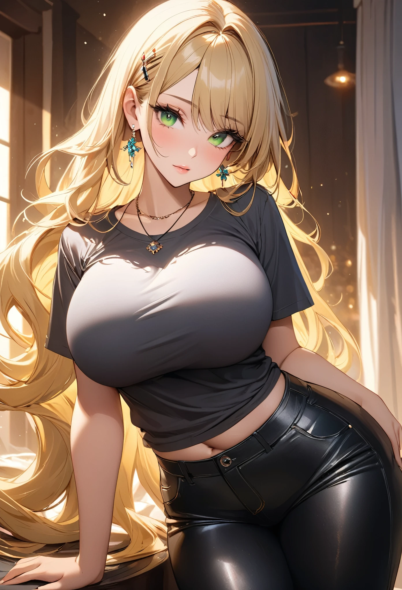 (( best quality)), ((masterpiece)), (details), Miss,  alone, ( big breasts , blond,  green eyes, ((Very long hair)), curve, Big ,  huge breasts , thigh,  beautiful face ,  beautiful skin  , Long eyelashes, Thick eyelashes), Vivid colors,  soft lighting, Dreamy atmosphere, Hairpin, earrings, A necklace ,t-shirt, black metallic pants