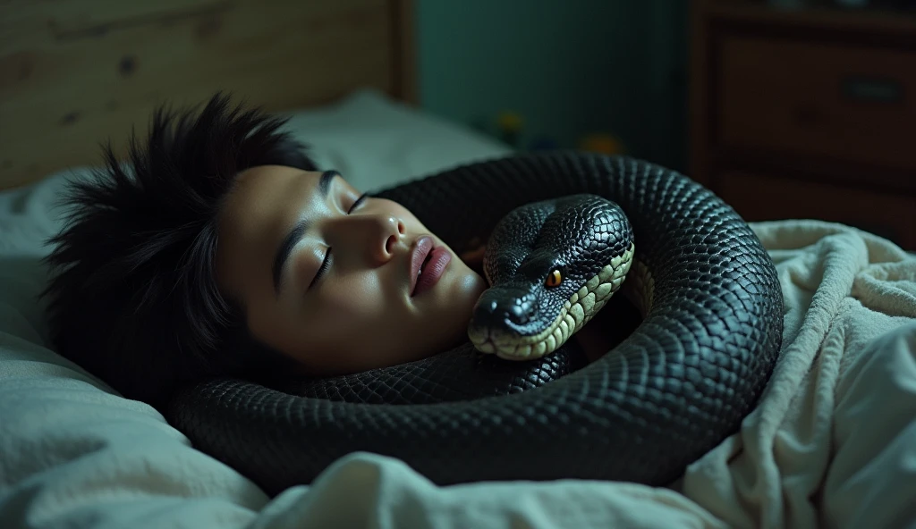A thin Asian man with long hair, 18 years old, wearing a white t-shirt that says NURDIN GANTENG, is lying with a beautiful hybrid girl with a white snake body on the bed. Face facing the camera. Romantic pose.