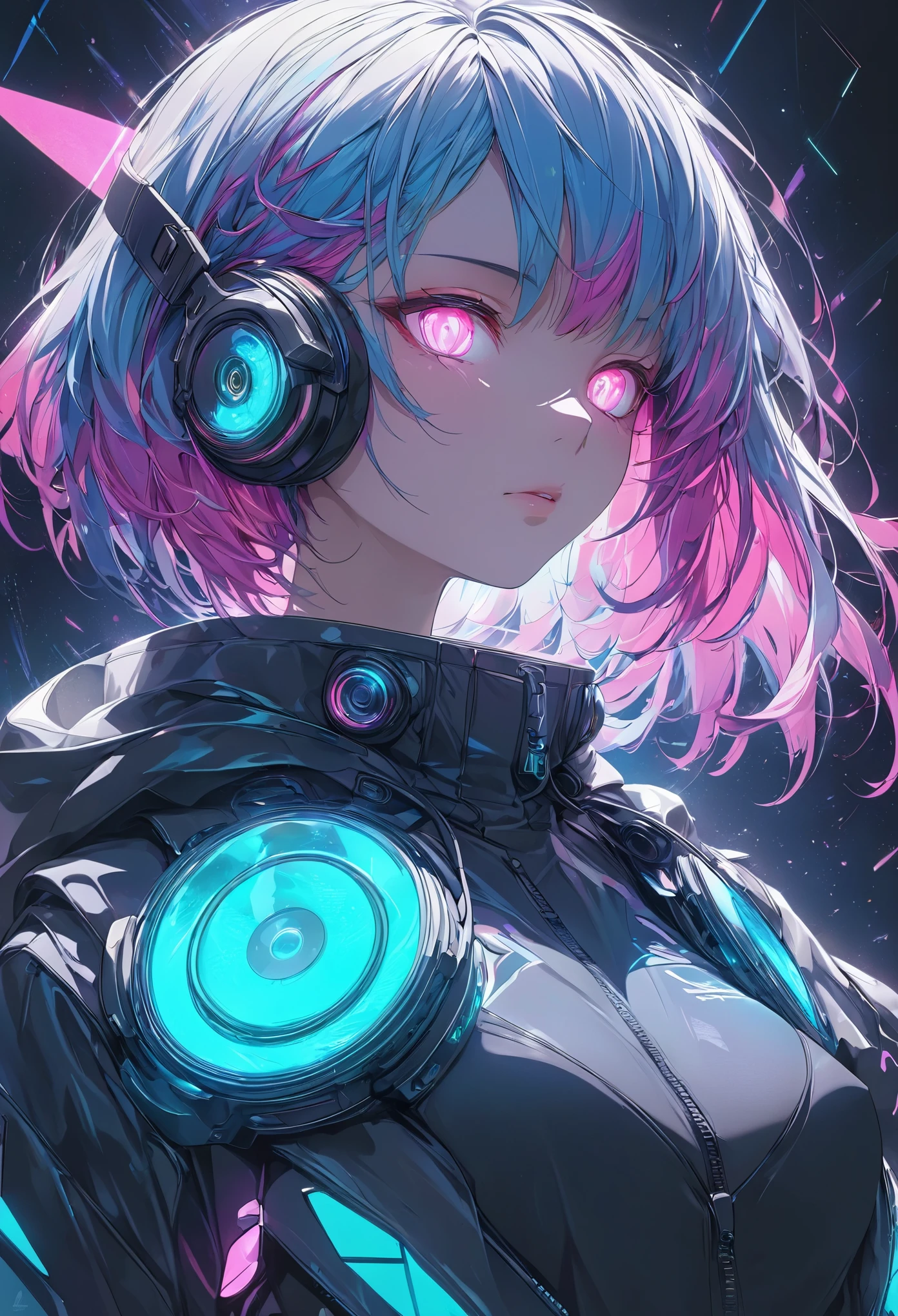 glowing eyes, colourful glowing hair, gradient hair, dj set, anime style, high detail, Futurism, glowing light, UHD, retina, masterpiece, ccurate, anatomically correct, textured skin, super detail, high details, high quality, award winning, best quality, highres