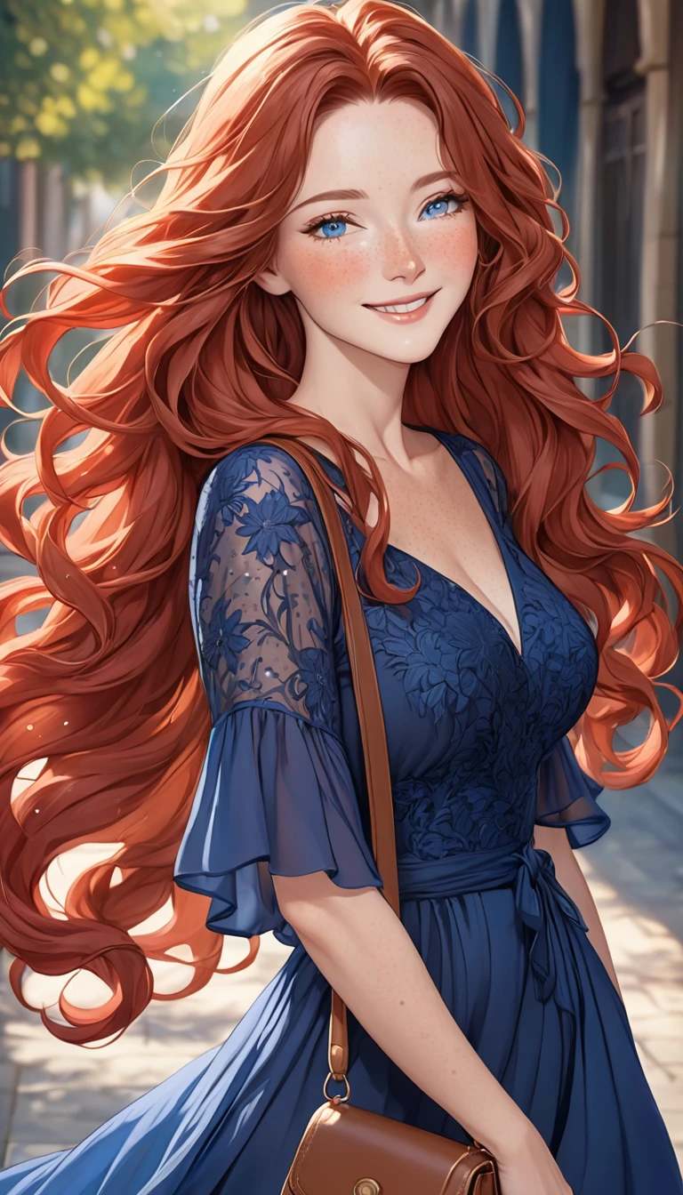 Mature Woman with red wavy long hair, many freckles, light blue eyes, half-closed eyes, longeyelashes, smile, blush, dark blue fantasy long dress, brown bag, masterpiece, anatomically corrected