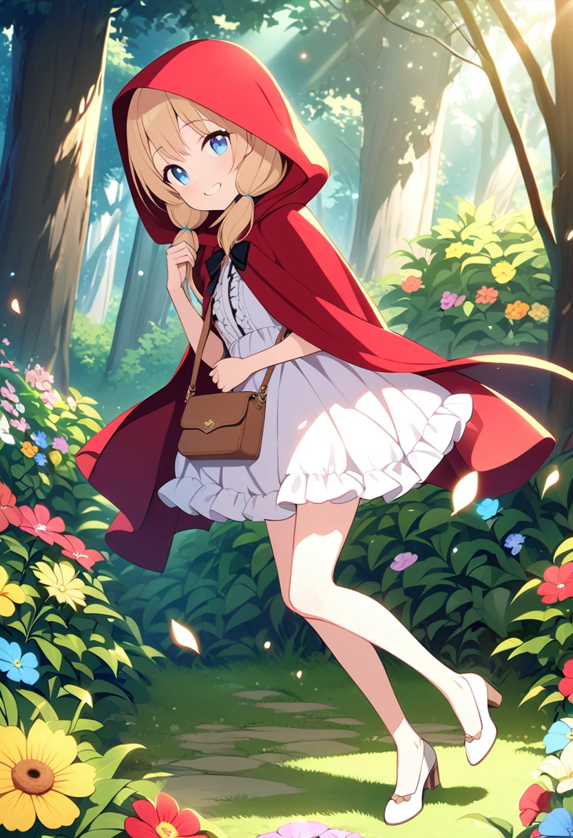  masterpiece、Very young girl、 very small breasts、Slender body、Thin legs、Light blue eyes、 bright yellow pigtails 、Little Red Riding Hood、 dress with white frills、Beige pumps、brown leather handbag 、Lush forest、   Colorful Flowers 、  innocent smile 、 Fun Vibes 、 Light Shines In 