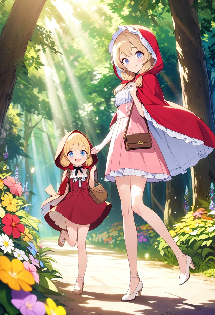  masterpiece、Very young girl、 very small breasts、Slender body、Thin legs、Light blue eyes、 bright yellow pigtails 、Little Red Riding Hood、 dress with white frills、Beige pumps、brown leather handbag 、Lush forest、   Colorful Flowers 、  innocent smile 、 Fun Vibes 、 Light Shines In 