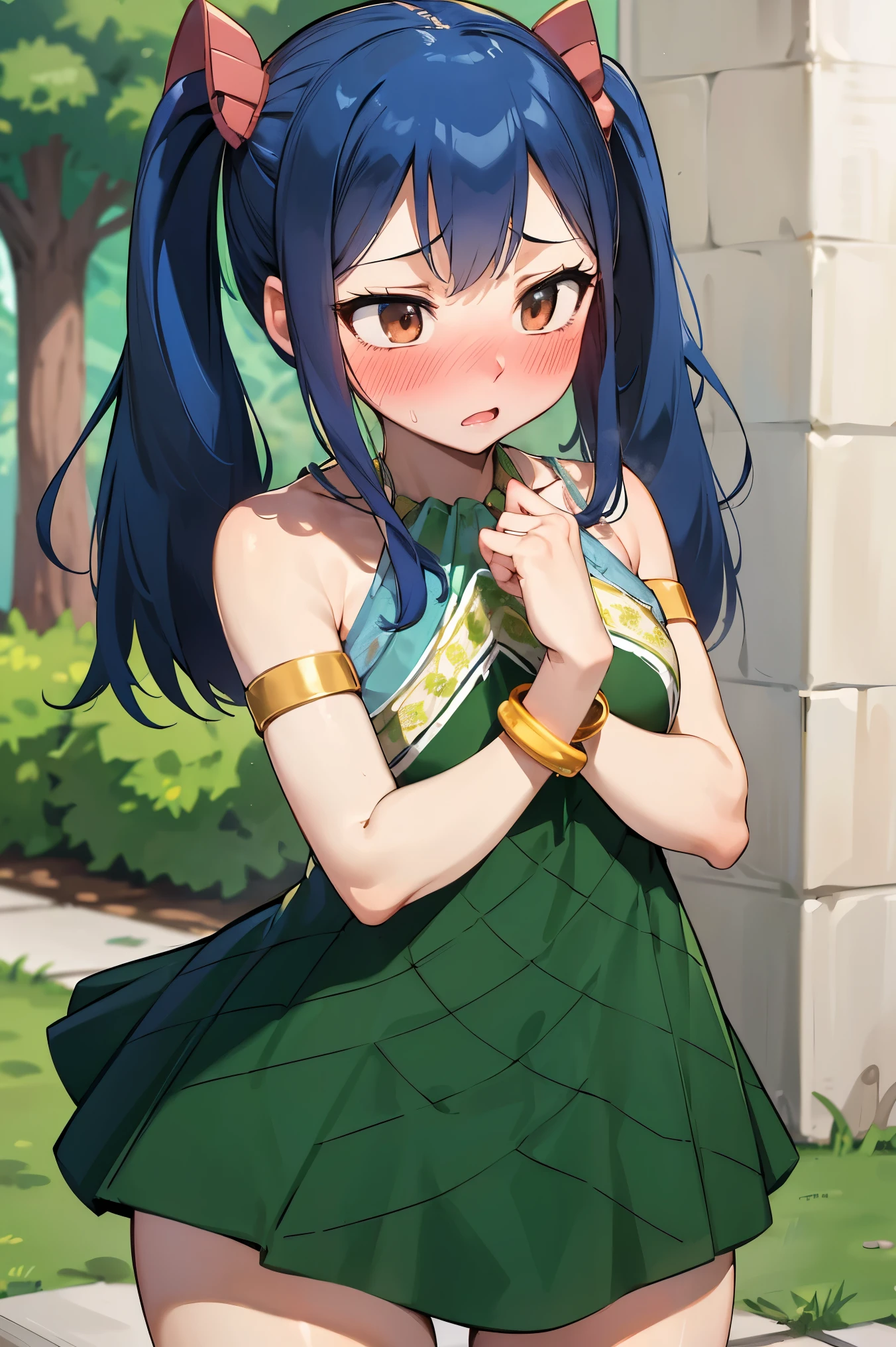 NSFW,masterpiece,Best Quality, Hi-Res, very detailed,Wendy\(Fairy Tail\), long hair、 twin tails、Hair accessories、Showing shoulders、Green Dress、 Sleeveless Dress 、Bracelet、 Bracelets,(Embarrassed:1.3),(blush:1.5)