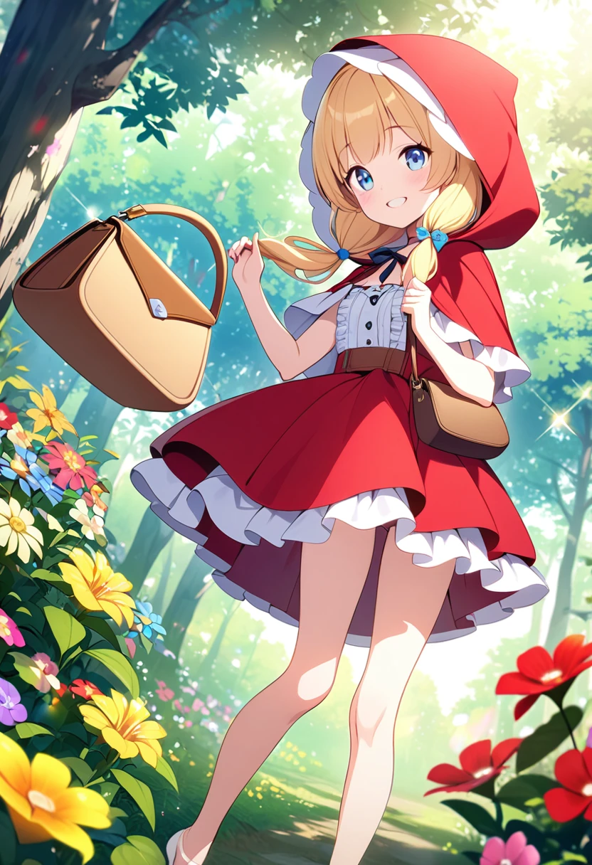  masterpiece、Very young girl、 very small breasts、Slender body、Thin legs、Light blue eyes、 bright yellow pigtails 、Little Red Riding Hood、 dress with white frills、Beige pumps、brown leather handbag 、Lush forest、   Colorful Flowers 、  innocent smile 、 Fun Vibes 、 Light Shines In 