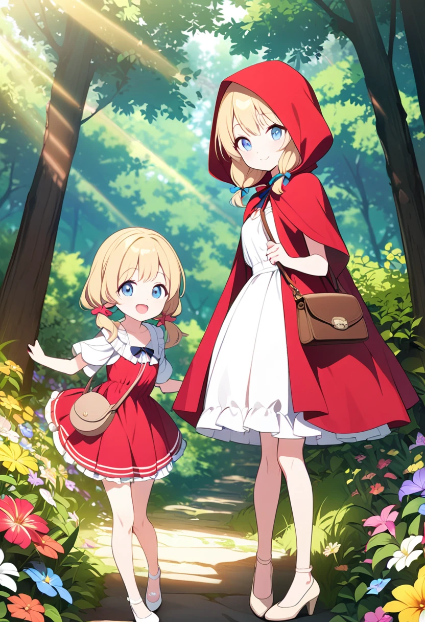  masterpiece、Very young girl、 very small breasts、Slender body、Thin legs、Light blue eyes、 bright yellow pigtails 、Little Red Riding Hood、 dress with white frills、Beige pumps、brown leather handbag 、Lush forest、   Colorful Flowers 、  innocent smile 、 Fun Vibes 、 Light Shines In 