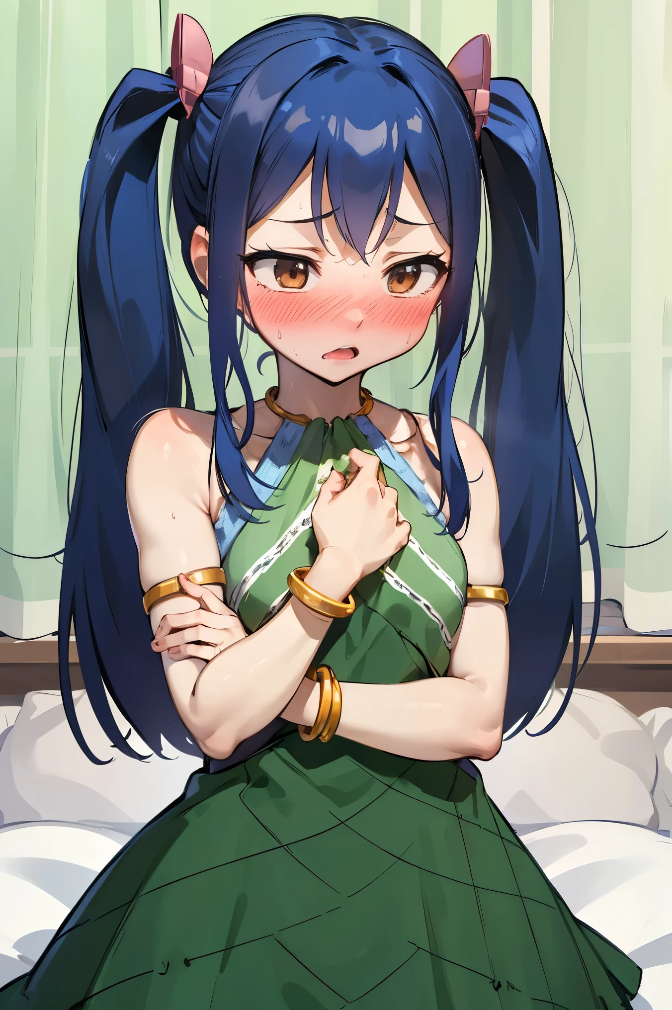 NSFW,masterpiece,Best Quality, Hi-Res, very detailed,Wendy\(Fairy Tail\), long hair、 twin tails、Hair accessories、Showing shoulders、Green Dress、 Sleeveless Dress 、Bracelet、 Bracelets,(Embarrassed:1.3),(blush:1.5)