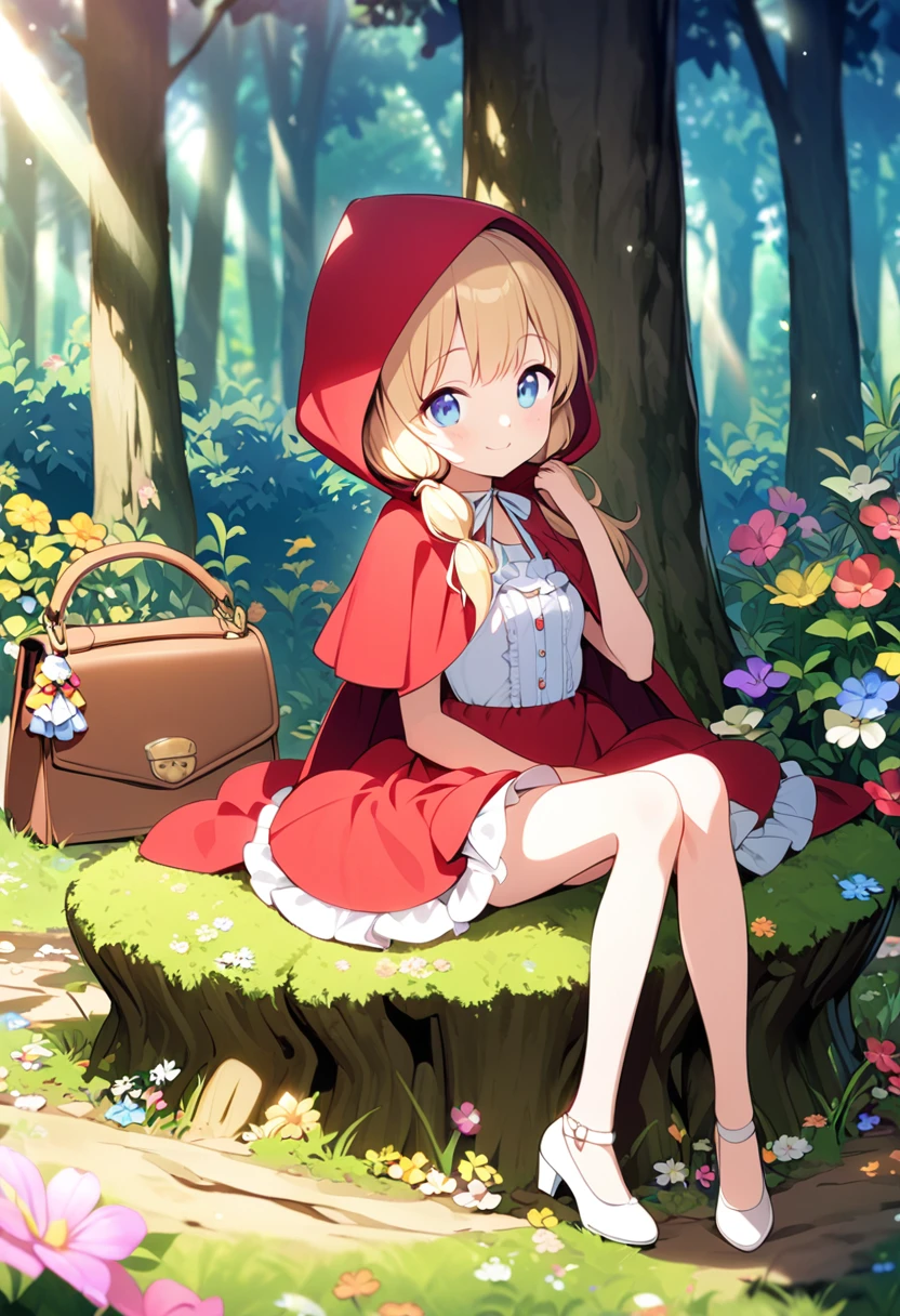  masterpiece、Very young girl、 very small breasts、Slender body、Thin legs、Light blue eyes、 bright yellow pigtails 、Little Red Riding Hood、 dress with white frills、Beige pumps、brown leather handbag 、Lush forest、   Colorful Flowers 、  innocent smile 、 Fun Vibes 、 Light Shines In 、Sitting on a stump