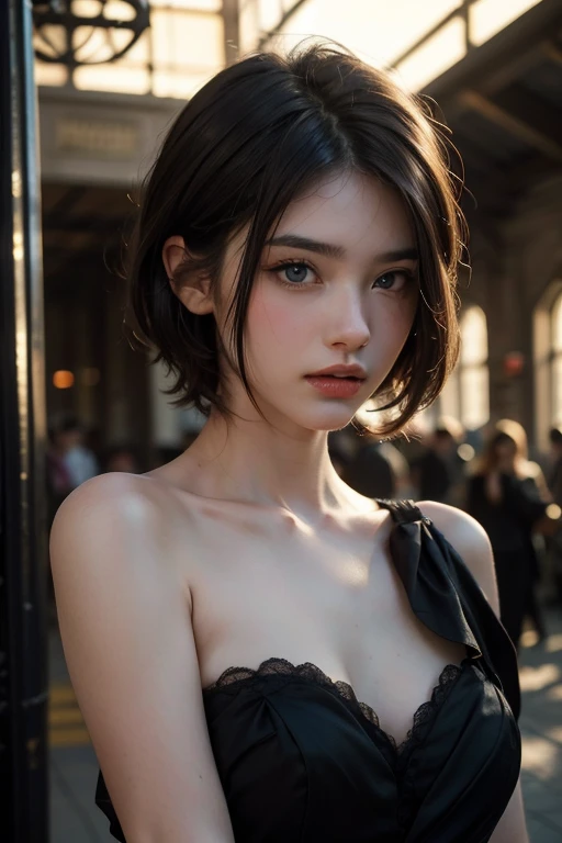 (Best quality, 8k, 32k, Masterpiece, UHD:1.2), Photo of Pretty Japanese woman, medium size breasts, bob hairstyle, short Black Hair, lingerie, exploring new york, sexy body, JAV, dramatic lighting, romantic vibe, at the dining table