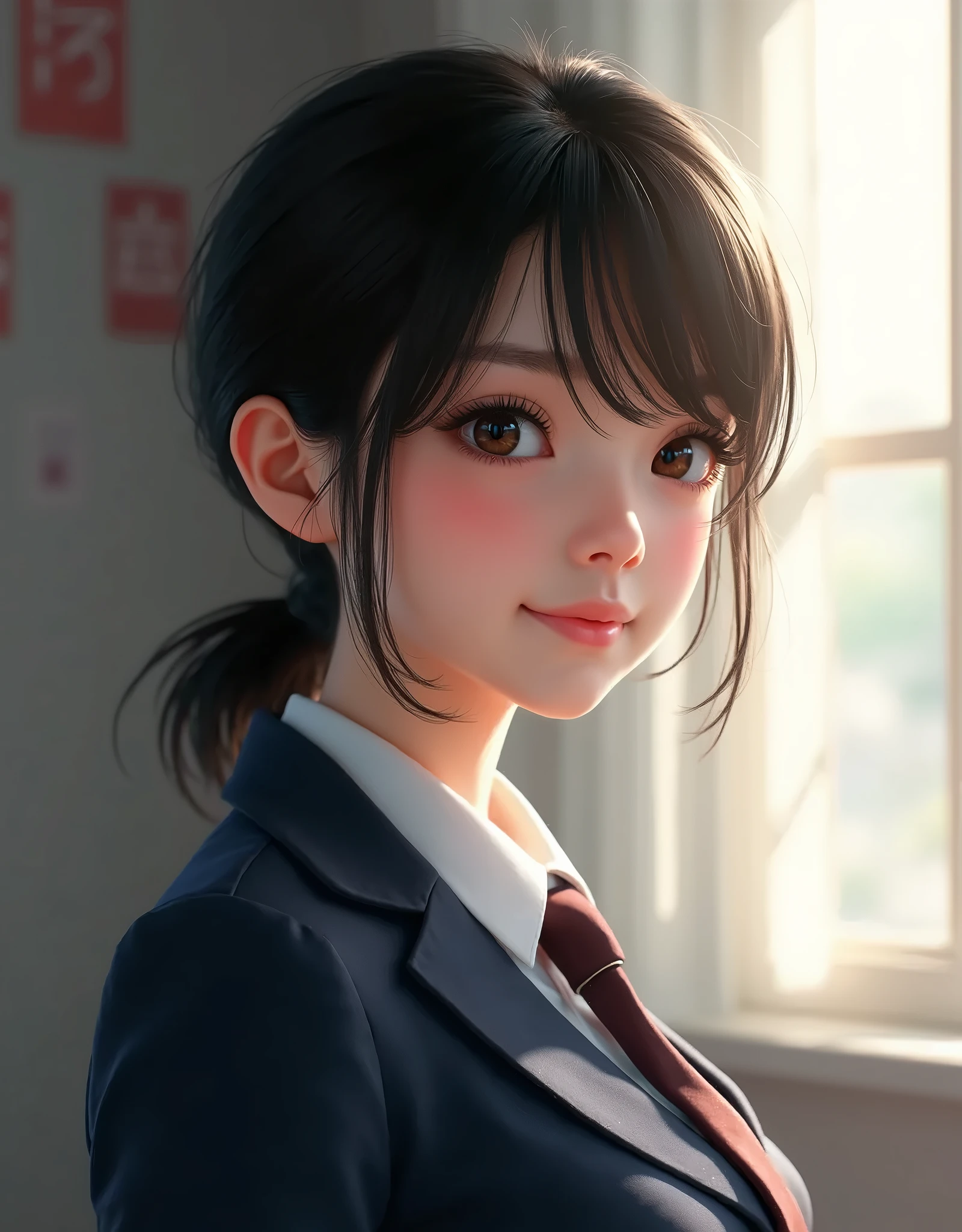 a woman in a uniform, school uniform, student, girl wearing uniform, satisfied pose, side pose, 1, protrait, potrait, mid shot portrait, inspired by Mattise, tumblr, happening, casual pose, nivanh chanthara, best quality, 4k, 8k, highres, masterpiece:1.2, ultra-detailed, realistic, photorealistic, photo-realistic:1.37, HDR, UHD, studio lighting, ultra-fine painting, sharp focus, physically-based rendering, extreme detail description, professional, vivid colors, bokeh
