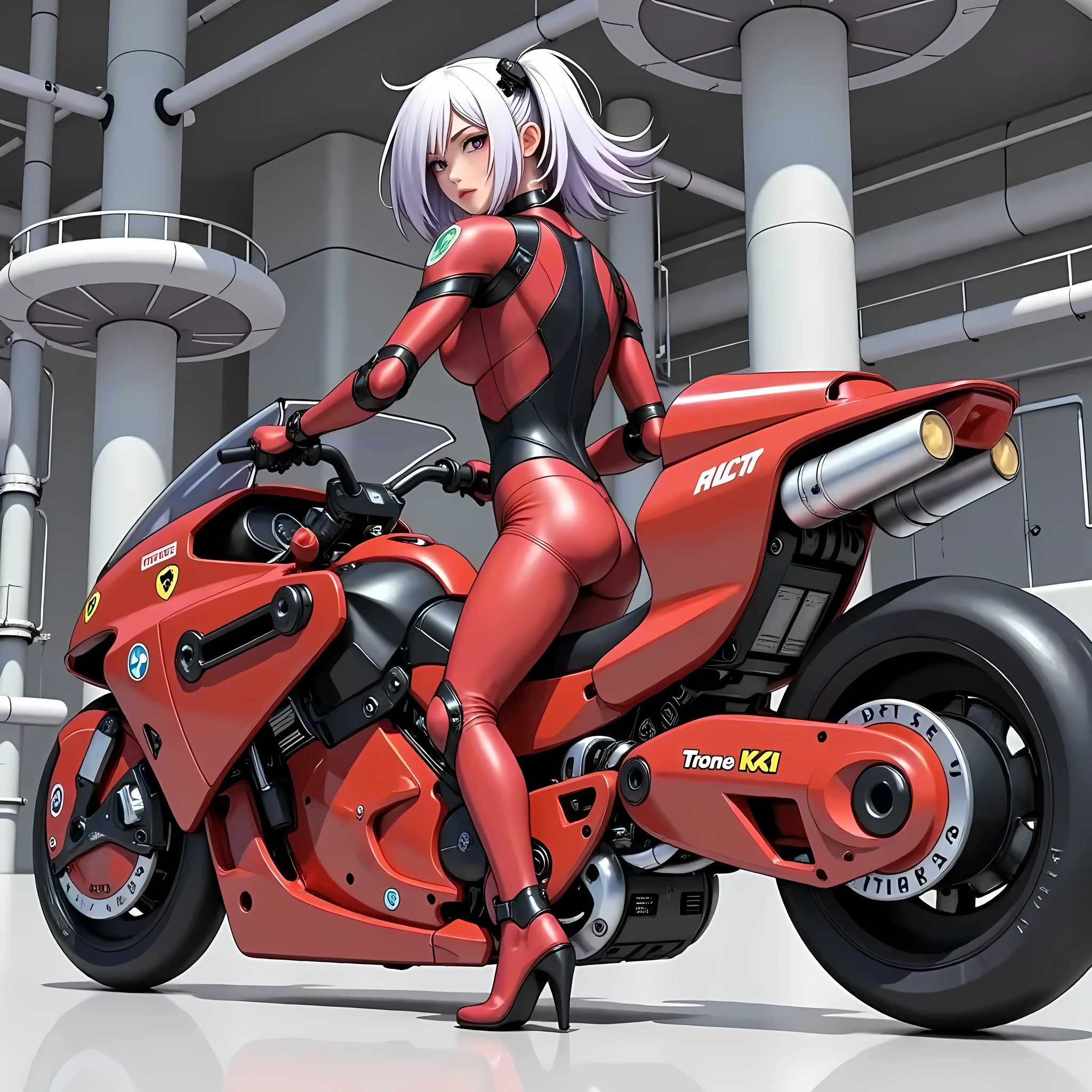 masterpiece,Outstanding quality,Milonish, Cinematic Experience,Super detailed, best illustration, super high definition,16k,wallpaper,1 female, cyberpunk , android woman riding a red motorcycle, beautiful face, beautiful eyes,Detailed face drawing, hair that flutters like,Serious, sexy, woman wearing a red bodysuit , dynamic angle ,The background is cyber space 