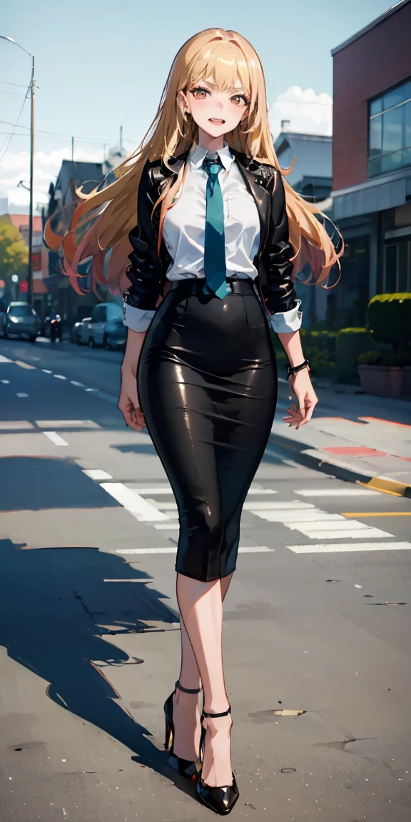 Marin Kitagawa,((whipping:1.4)),intenseglare,(best quality:1.6, highres), (beautiful detailed eyes:1.2), elevated, high-quality, beautiful face, 1 girl, leather pencil skirt, oversized leather jacket, blackbird, long hair, wide hips, landscape beautification, street, background, detailed background, sinister smile, angled laughter, long coat, blouse, tie, office woman, mature,((high heels)),A look of contempt,disgusting expression,