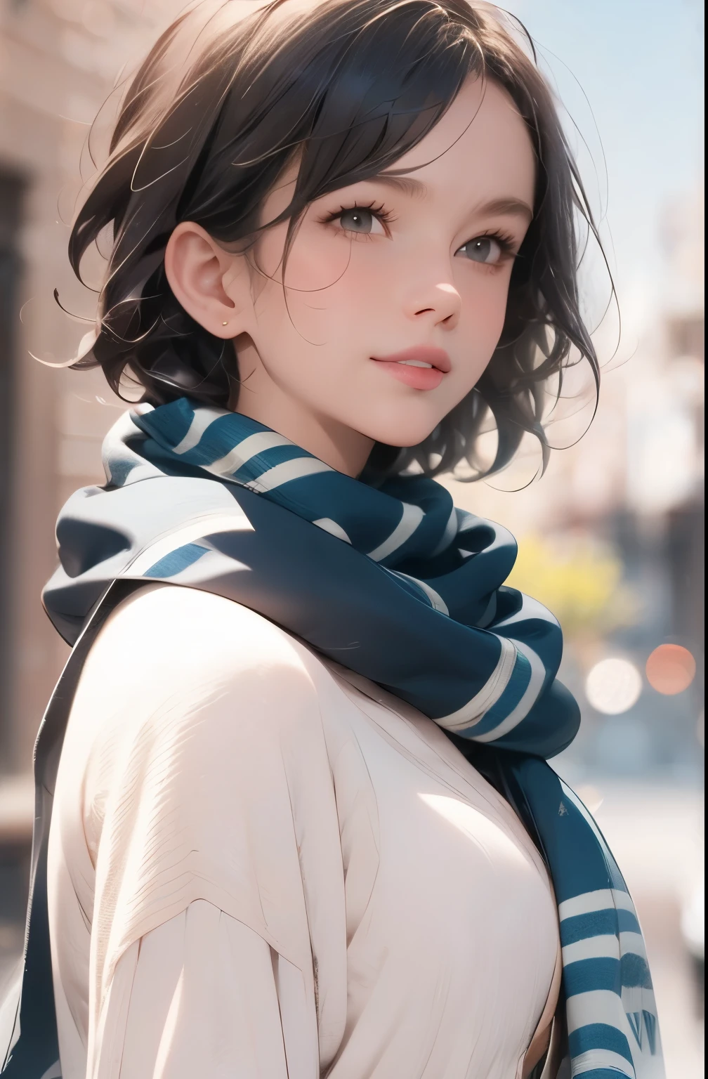 
short black_hair, blurry, blurry_background, blurry_foreground, bokeh, green_eyes, blushing, , cosplay_photo, depth_of_field,, lips, greek port, front view,, colourful beany, striped scarf and christmas jersey, middle distance, full body