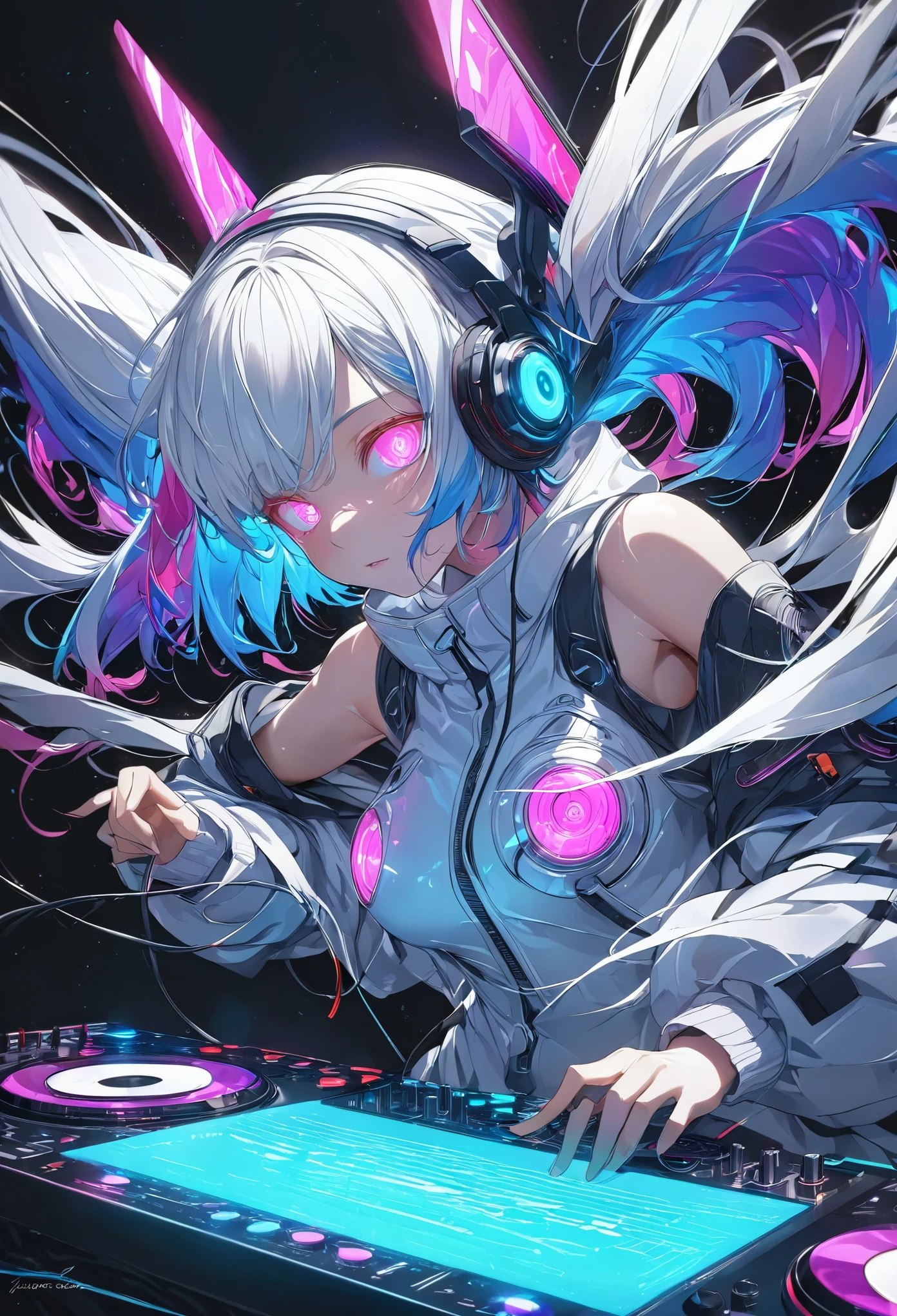 glowing eyes, colourful glowing hair, gradient hair, dj set, anime style, high detail, Futurism, glowing light, UHD, retina, masterpiece, ccurate, anatomically correct, textured skin, super detail, high details, high quality, award winning, best quality, highres