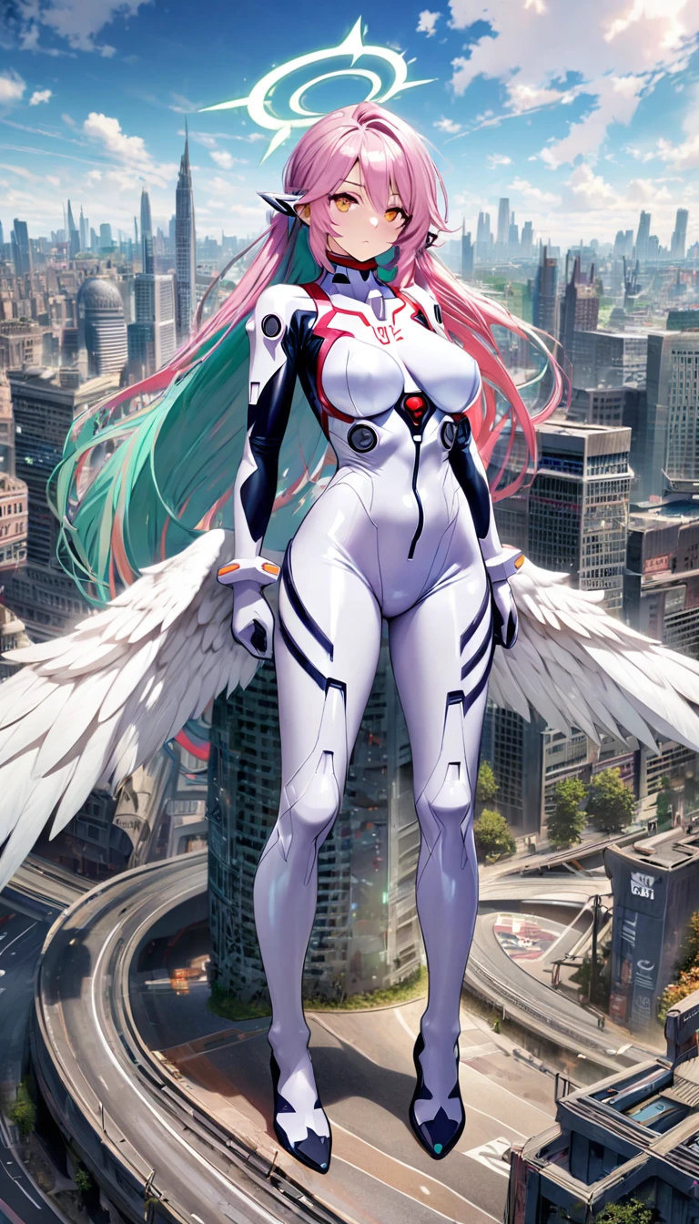 jibril,(big breast),(big white wing),(angel wing),(glamorous),full body,(girl towering over miniature city),(front view),plugsuit,latex bodysuit,shiny bodysuit,colorful hair,halo,sharp focus,extremely detailed CG,expressionless,realstic,(mechanical ear),standing,road:0.5,bird-eye's view:0.7