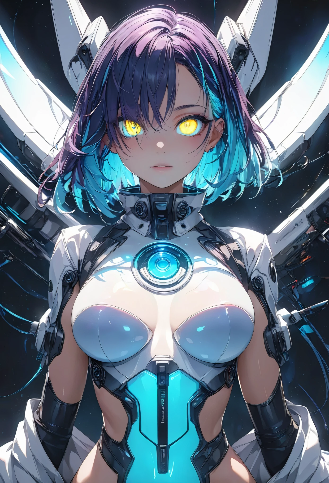 glowing eyes, colourful glowing hair, gradient hair, dj set, anime style, high detail, Futurism, glowing light, UHD, retina, masterpiece, ccurate, anatomically correct, textured skin, super detail, high details, high quality, award winning, best quality, highres