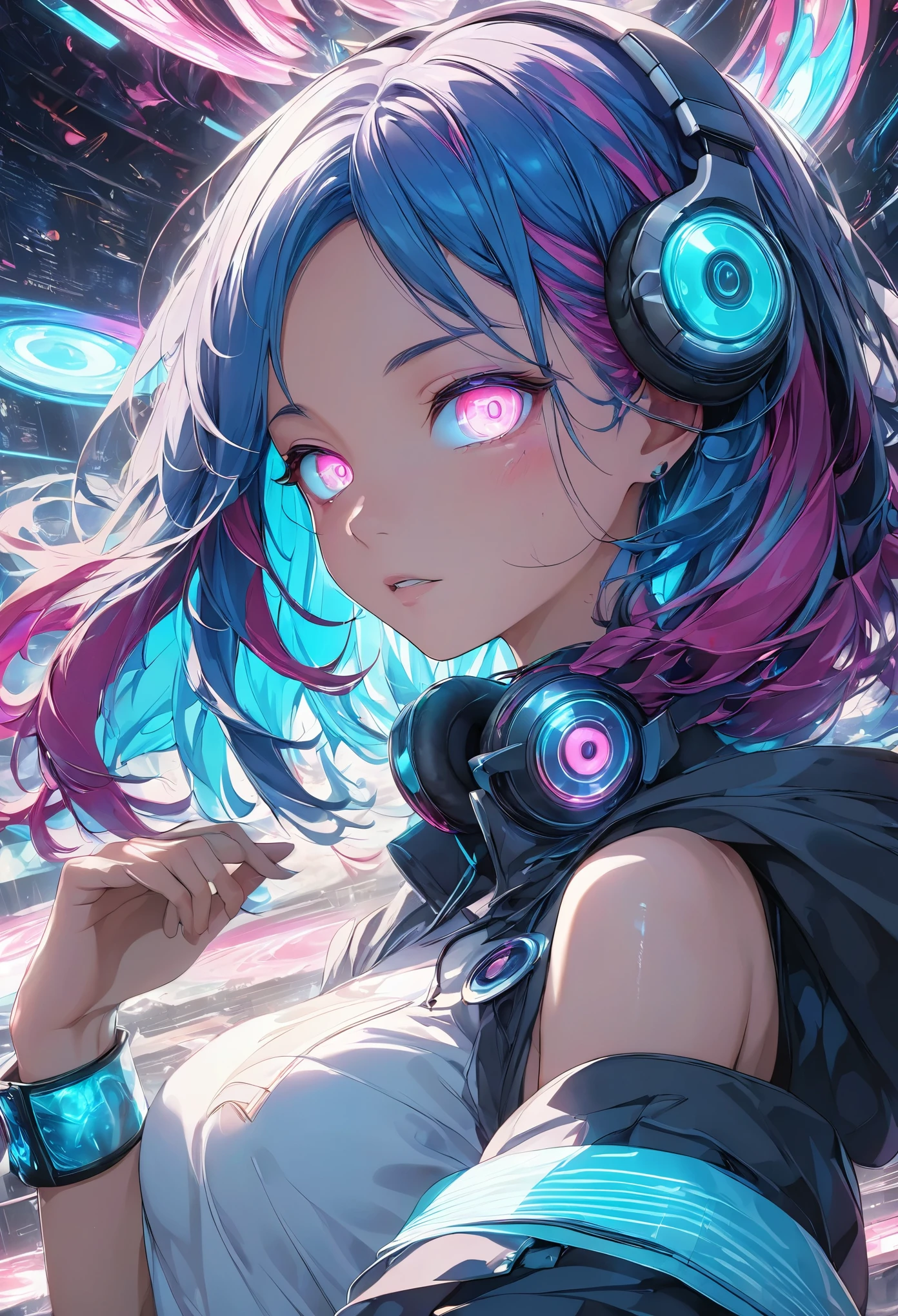 glowing eyes, colourful glowing hair, gradient hair, dj set, anime style, high detail, Futurism, glowing light, UHD, retina, masterpiece, ccurate, anatomically correct, textured skin, super detail, high details, high quality, award winning, best quality, highres