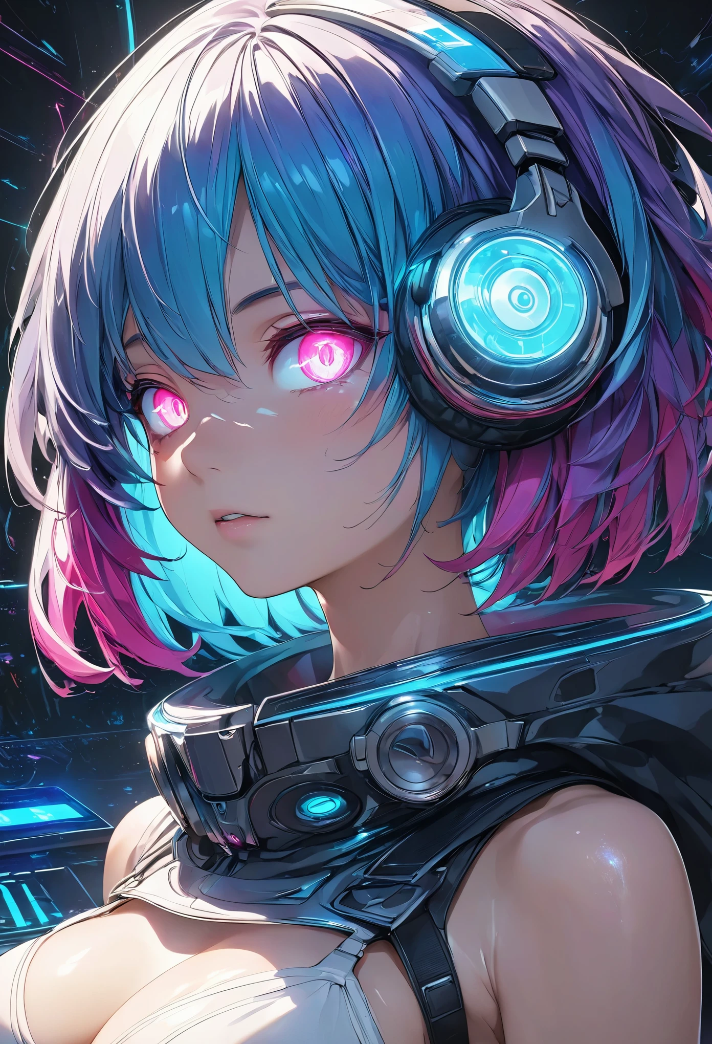 glowing eyes, colourful glowing hair, gradient hair, dj set, anime style, high detail, Futurism, glowing light, UHD, retina, masterpiece, ccurate, anatomically correct, textured skin, super detail, high details, high quality, award winning, best quality, highres