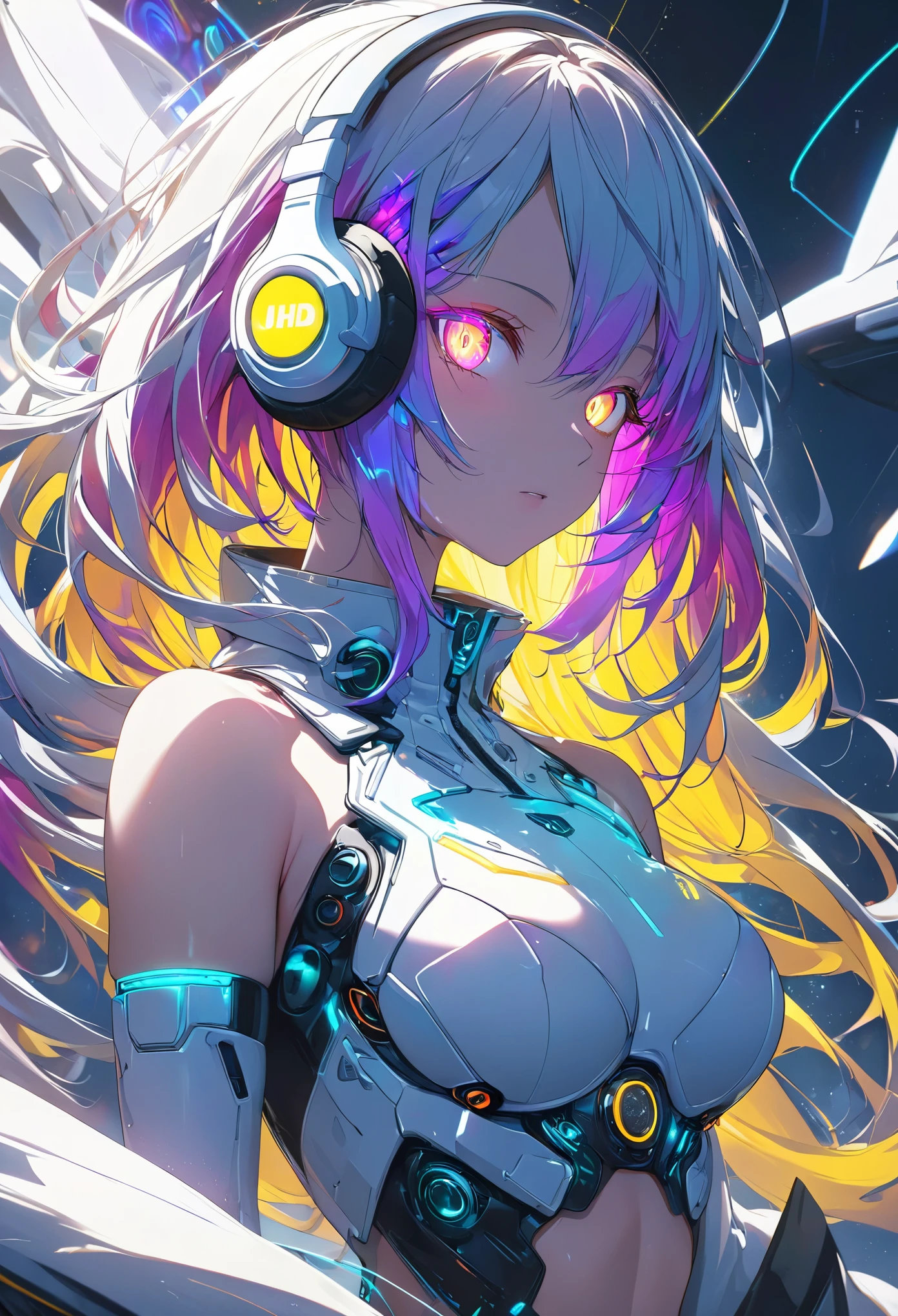 glowing eyes, colourful glowing hair, gradient hair, wearing headphone, music form accessories on her body, anime style, high detail, Futurism, glowing light, UHD, retina, masterpiece, ccurate, anatomically correct, textured skin, super detail, high details, high quality, award winning, best quality, highres