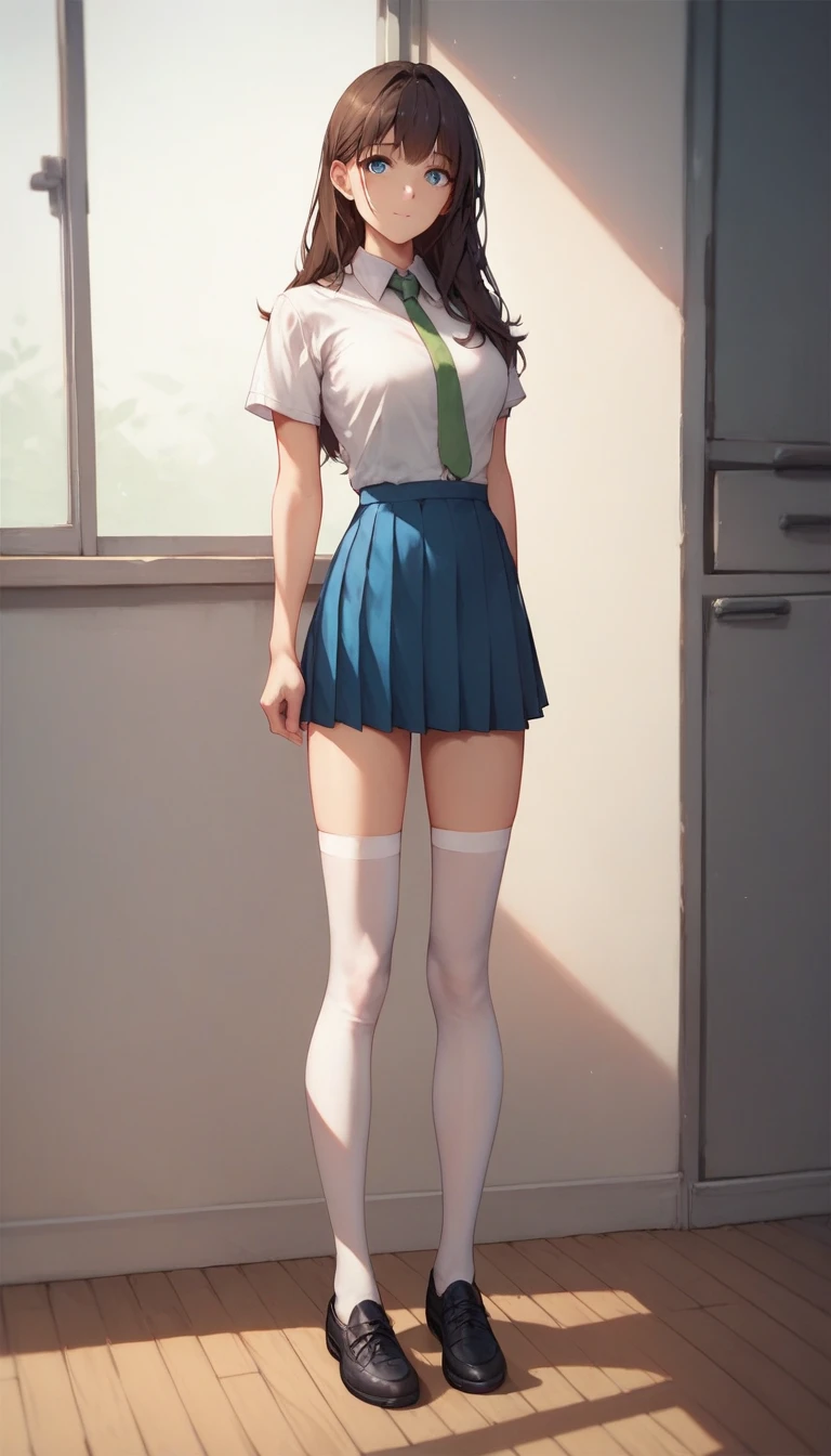 score_9, score_8_up, score_7_up, score_6_up, BREAK, RanMoriDCXL, blue eyes, dark brown hair, long hair, bangs, medium breasts, slender body, white shirt, green necktie, blue pleated skirt, white stockings, black shoes, solo, standing, looking at viewer, indoors