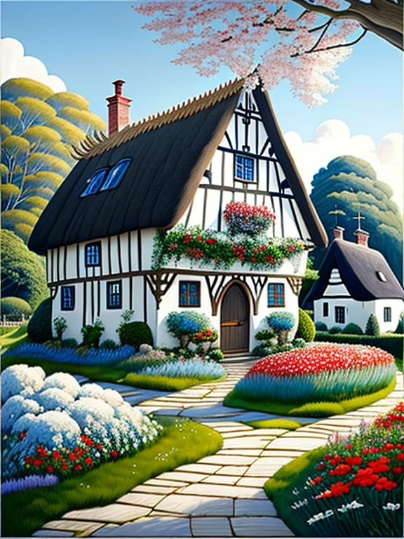  traditional house painting in medieval England 、Fairy tale、Vivid picture、Bright white house 、 The contrast between the brown and white walls in the timber frame is beautiful。English thatched cottages、Flowers surrounding the house 々、 The hill that extends beyond the backyard 、 I can see sheep the size of a sesame seed in the distance。 Bright Blue Skies 