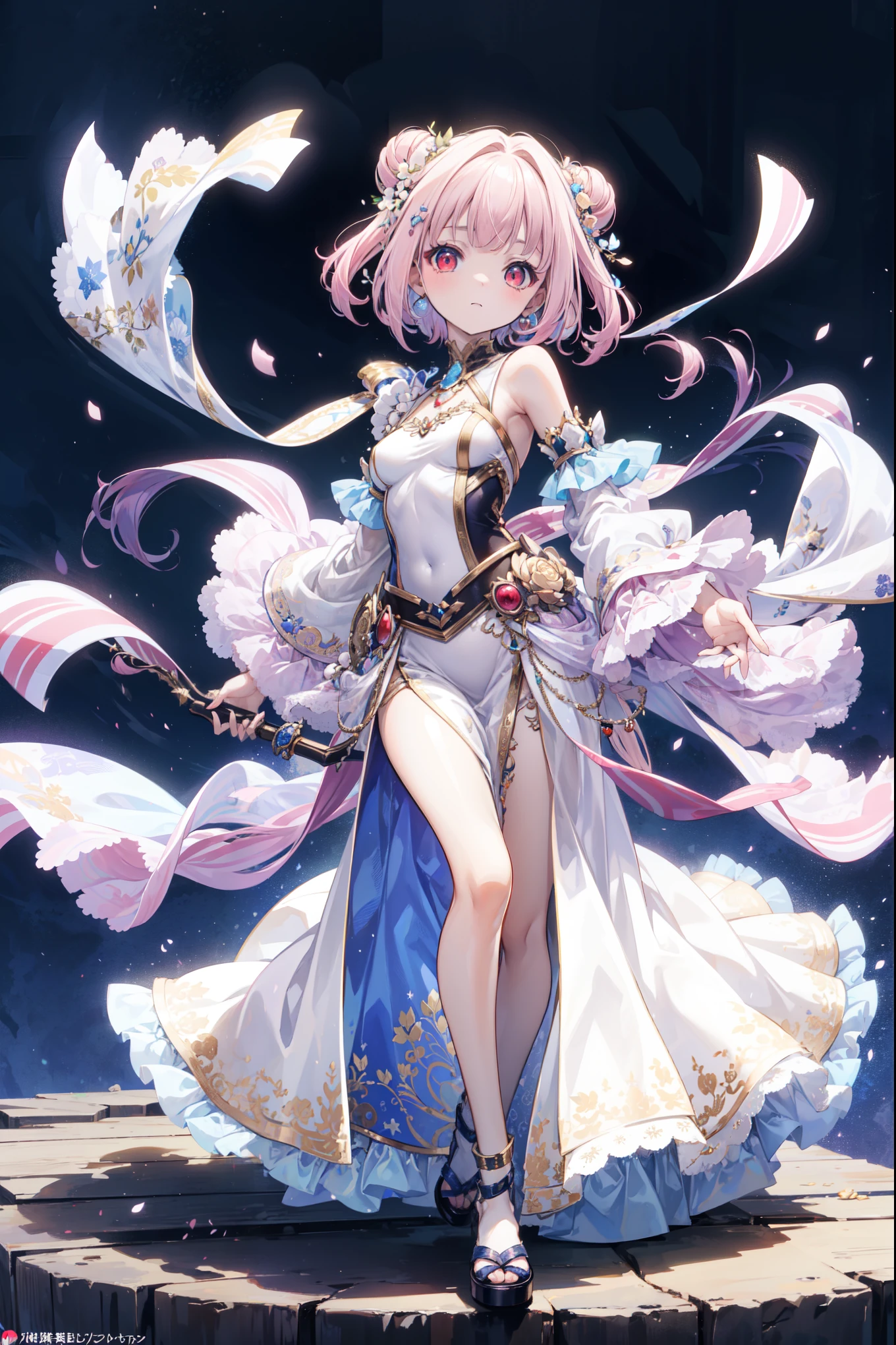 (((Best quality, High Res, masterpiece , masterpiece , Best, High Res))). a girl , solitary. (((My child is beautiful, Lovely girl with fine pink hair , Short, slim figure , and anime faces))). She is a young girl, About ten years old, has gorgeous white skin and long hair ,The princess of the Moon , tied it into a small bun. She has depth, Shining red eyes,tilt. There was no expression on her face.. She has medically correct body and adolescent breasts. Her limbs are slender, has medically correct limbs and fingers . Her skirt is white,Very short ((Long gown)), Translucent and transparent, With blue ivy pattern. When she is in a pose , Her clothes fluttered in the wind when she posed . Her background is a simple starry sky.