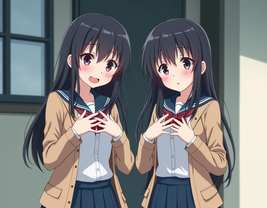 photo, Two Japanese high school girls. Uniforms, outdoors, one smile the other is sad. Both have their hands under their breasts. There is a difference in bust size between the two. one is big breasts and the other is flat breasts. There is a window in the background, showing the classroom.