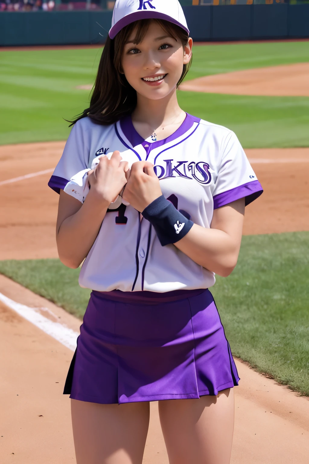 ((best quality)), ((masterpiece)), (detailed), 1girl,baseball player on baseball stadium,((clothed:1.1)),(Colorado Rockies uniform),light dark purple and white baseball uniforms,wearing dark purple baseball cap ,baseball mittens ,hold baseball bats,(pleated mini skirt )((huge breasts:2.0,see through:20,high leg micro pantie)),best smile,crossed arms,hold breasts,standing and style posing ,open legs,