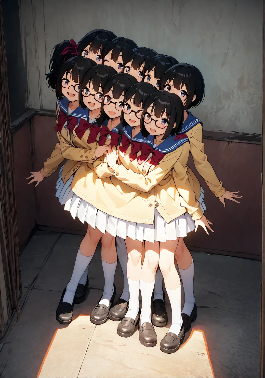 (masterpiece, best quality), best resolution, 16k, medium full shot, perspective view, front lighting, (******girl, student, JK), 1girl, solo, (two heads, three heads: 1.5), (open eyes, open mouth, happy, smiling, wearing glasses), clean thick and thin lines, ribbons, anime cinematic, soft lighting, soft colors, digital painting, highly detailed, in the classroom, stand on the floor, detailed shadow