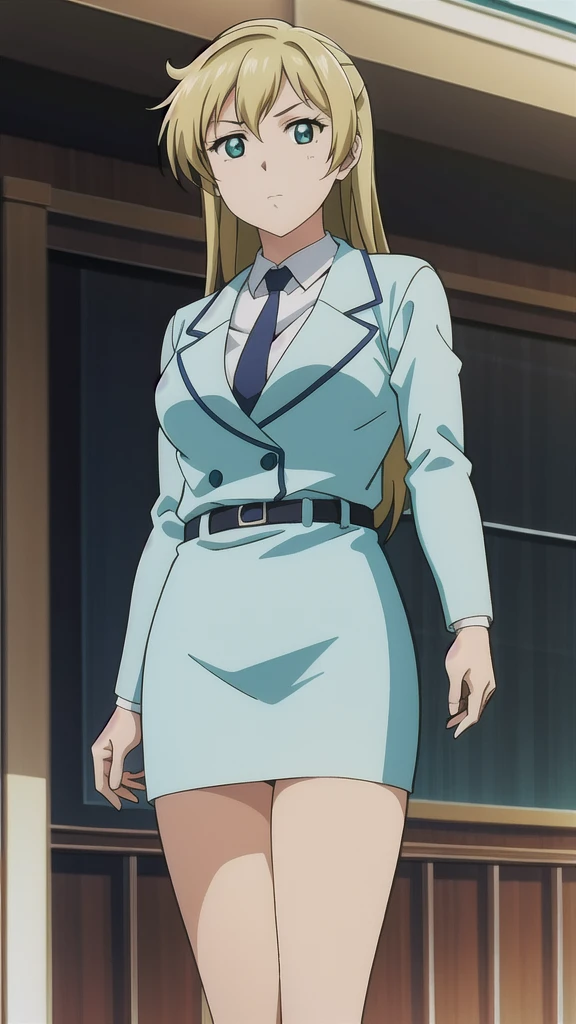 Akemi Mikihara、OL,2０age、woman、Blonde、 Long Straight Hair、Green Eyes，悲しいface， Full Body Style 、 normal breasts、 narrow waist 、Bare legs、In a suit、 blue jacket ,襟付きshirt, shirt, yellow tie ,belt,,  Blue Mini Pencil Skirt, black tights，White pumps，My legs are slightly flabby， OFFICIAL ART, Extremely Fine CG Unity 8k Wallpaper,  full light, colorful , bright _ Front_face_ Lighting,  shiny skin, ( masterpiece:1.0),(Highest_quality:1.0), 超 Hi-Res,4K,Ultra-detailed, photo shoot, 8k,  Hi-Res,  Hi-Res,  absurd:1.2,  Kodak Portra 400,  film grain,  blurry background, Bokeh:1.2,  lens flare , (Vibrant_ color:1.2), Professional photography,Anime Images、