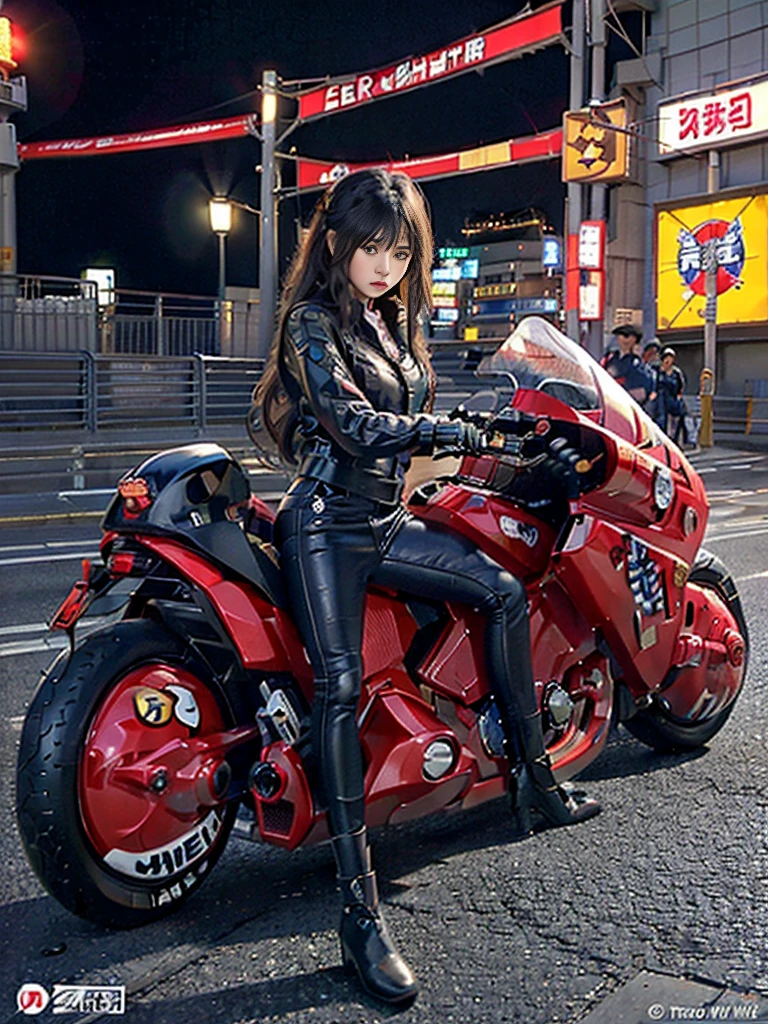 The highest image quality，Excellent detail，超高分辨率，（真实感：1.4），The best illustrations，Favor detail，Highly concentrated 1girl，exquisite and beautiful face，huge boob，The upper body is dressed in black and red tights，There is no opening in the chest，wearing a mech helmet，Hold the direction controller，riding a motorcycle，Full body display，In the background is locomotive tracks。