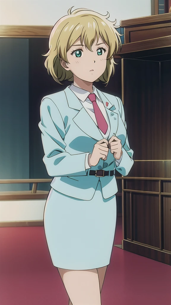  Nagumo Chiaki 、OL,2０age、woman、Blonde、 bob cut、Green Eyes，悲しいface， Full Body Style 、 normal breasts、 narrow waist 、Bare legs、In a suit、 blue jacket ,襟付きshirt, shirt, yellow tie ,belt,,  Blue Mini Pencil Skirt, black tights，White pumps，My legs are slightly flabby， OFFICIAL ART, Extremely Fine CG Unity 8k Wallpaper,  full light, colorful , bright _ Front_face_ Lighting,  shiny skin, ( masterpiece:1.0),(Highest_quality:1.0), 超 Hi-Res,4K,Ultra-detailed, photo shoot, 8k,  Hi-Res,  Hi-Res,  absurd:1.2,  Kodak Portra 400,  film grain,  blurry background, Bokeh:1.2,  lens flare , (Vibrant_ color:1.2), Professional photography,Anime Images、