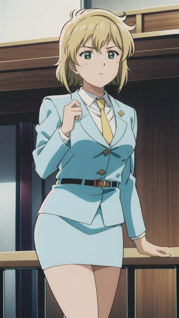  Nagumo Chiaki 、OL,2０age、woman、Blonde、 bob cut、Green Eyes，悲しいface， Full Body Style 、 normal breasts、 narrow waist 、Bare legs、In a suit、 blue jacket ,襟付きshirt, shirt, yellow tie ,belt,,  Blue Mini Pencil Skirt, black tights，White pumps，My legs are slightly flabby， OFFICIAL ART, Extremely Fine CG Unity 8k Wallpaper,  full light, colorful , bright _ Front_face_ Lighting,  shiny skin, ( masterpiece:1.0),(Highest_quality:1.0), 超 Hi-Res,4K,Ultra-detailed, photo shoot, 8k,  Hi-Res,  Hi-Res,  absurd:1.2,  Kodak Portra 400,  film grain,  blurry background, Bokeh:1.2,  lens flare , (Vibrant_ color:1.2), Professional photography,Anime Images、