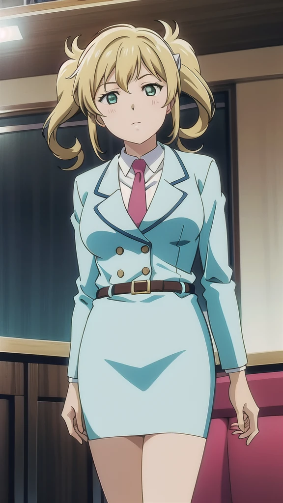  Nagumo Chiaki 、OL,2０age、woman、Blonde、 twin tails、Green Eyes，悲しいface， Full Body Style 、 normal breasts、 narrow waist 、Bare legs、In a suit、 blue jacket ,襟付きshirt, shirt, yellow tie ,belt,,  Blue Mini Pencil Skirt, black tights，White pumps，My legs are slightly flabby， OFFICIAL ART, Extremely Fine CG Unity 8k Wallpaper,  full light, colorful , bright _ Front_face_ Lighting,  shiny skin, ( masterpiece:1.0),(Highest_quality:1.0), 超 Hi-Res,4K,Ultra-detailed, photo shoot, 8k,  Hi-Res,  Hi-Res,  absurd:1.2,  Kodak Portra 400,  film grain,  blurry background, Bokeh:1.2,  lens flare , (Vibrant_ color:1.2), Professional photography,Anime Images、