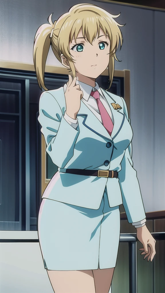  Nagumo Chiaki 、OL,2０age、woman、Blonde、 twin tails、Green Eyes，悲しいface， Full Body Style 、 normal breasts、 narrow waist 、Bare legs、In a suit、 blue jacket ,襟付きshirt, shirt, yellow tie ,belt,,  Blue Mini Pencil Skirt, black tights，White pumps，My legs are slightly flabby， OFFICIAL ART, Extremely Fine CG Unity 8k Wallpaper,  full light, colorful , bright _ Front_face_ Lighting,  shiny skin, ( masterpiece:1.0),(Highest_quality:1.0), 超 Hi-Res,4K,Ultra-detailed, photo shoot, 8k,  Hi-Res,  Hi-Res,  absurd:1.2,  Kodak Portra 400,  film grain,  blurry background, Bokeh:1.2,  lens flare , (Vibrant_ color:1.2), Professional photography,Anime Images、