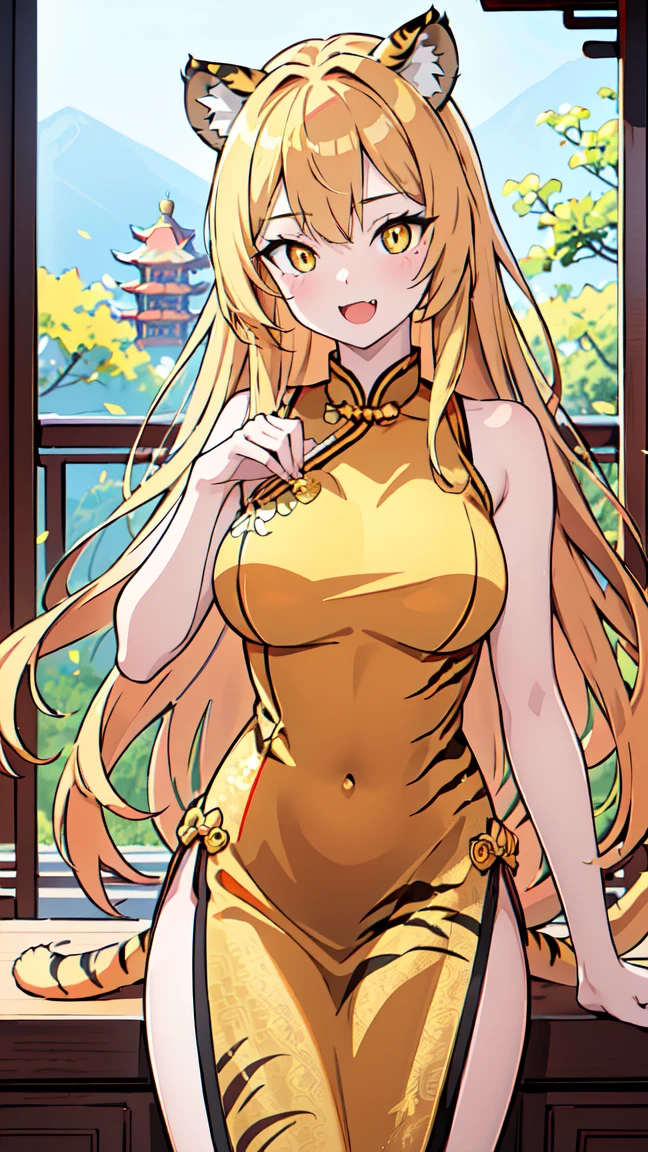 (golden dress), (red hair), (very dark tanned skin), young_starfire, (golden cheongsam dress), (glossy golden dress| metallic material), (red floral pattern on dress), beautiful body, cleavage, lace, straight_hair, thin_body_and_legs, small_boobs, evil_smile, villain, thin_body, skinny body, realistic_legs, green_eyes, beautiful, high resolution, 8k, cowboy shot