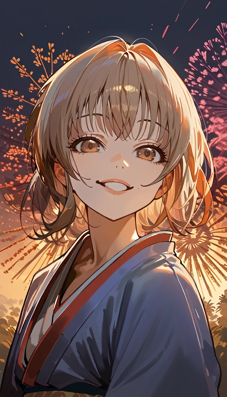 1girl, asa mitaka, wearing kimono with firework in background, (masterpiece), cinematic, beautiful light, best quality, newest,safe, absurdres, smiling , close eyes, look at camera, tilt head, turn head back