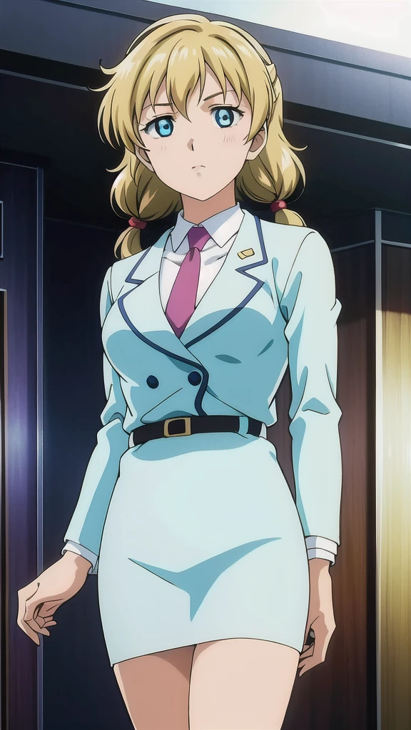 Asakawa Kotomi、OL,2０age、woman、Blonde、 twin tails、Blue Eyes，悲しいface， Full Body Style 、 normal breasts、 narrow waist 、Bare legs、In a suit、 blue jacket ,襟付きshirt, shirt, yellow tie ,belt, Blue Mini Pencil Skirt， black tights，White pumps， OFFICIAL ART, Extremely Fine CG Unity 8k Wallpaper,  full light, colorful , bright _ Front_face_ Lighting,  shiny skin, ( masterpiece:1.0),(Highest_quality:1.0), 超 Hi-Res,4K,Ultra-detailed, photo shoot, 8k,  Hi-Res,  Hi-Res,  absurd:1.2,  Kodak Portra 400,  film grain,  blurry background, Bokeh:1.2,  lens flare , (Vibrant_ color:1.2), Professional photography,Anime Images、