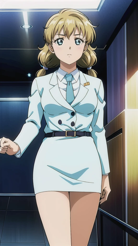 Asakawa Kotomi、OL,2０age、woman、Blonde、 twin tails、Blue Eyes，悲しいface， Full Body Style 、 normal breasts、 narrow waist 、Bare legs、In a suit、 blue jacket ,襟付きshirt, shirt, yellow tie ,belt, Blue Mini Pencil Skirt， black tights，White pumps， OFFICIAL ART, Extremely Fine CG Unity 8k Wallpaper,  full light, colorful , bright _ Front_face_ Lighting,  shiny skin, ( masterpiece:1.0),(Highest_quality:1.0), 超 Hi-Res,4K,Ultra-detailed, photo shoot, 8k,  Hi-Res,  Hi-Res,  absurd:1.2,  Kodak Portra 400,  film grain,  blurry background, Bokeh:1.2,  lens flare , (Vibrant_ color:1.2), Professional photography,Anime Images、