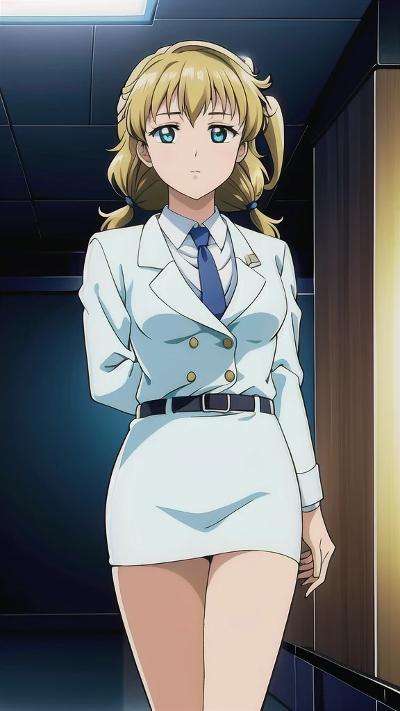 Asakawa Kotomi、OL,2０age、woman、Blonde、 twin tails、Blue Eyes，悲しいface， Full Body Style 、 normal breasts、 narrow waist 、Bare legs、In a suit、 blue jacket ,襟付きshirt, shirt, yellow tie ,belt, Blue Mini Pencil Skirt， black tights，White pumps， OFFICIAL ART, Extremely Fine CG Unity 8k Wallpaper,  full light, colorful , bright _ Front_face_ Lighting,  shiny skin, ( masterpiece:1.0),(Highest_quality:1.0), 超 Hi-Res,4K,Ultra-detailed, photo shoot, 8k,  Hi-Res,  Hi-Res,  absurd:1.2,  Kodak Portra 400,  film grain,  blurry background, Bokeh:1.2,  lens flare , (Vibrant_ color:1.2), Professional photography,Anime Images、