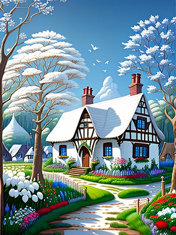  traditional house painting in medieval England 、Fairy tale、Vivid picture、Bright white house 、 The contrast between the brown and white walls in the timber frame is beautiful。English thatched cottages、Flowers surrounding the house 々、 The hill that extends beyond the backyard 、 I can see sheep the size of a sesame seed in the distance。 Bright Blue Skies 
