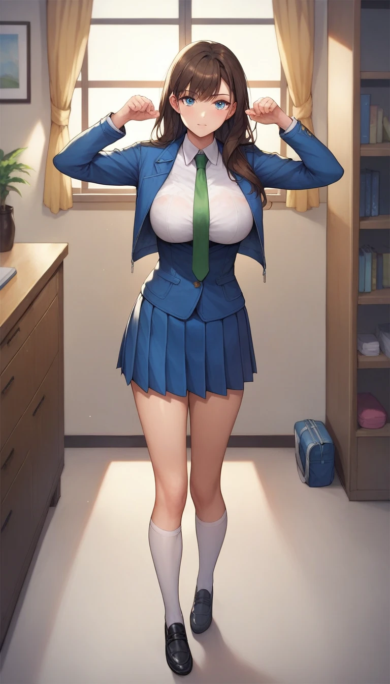 score_9, score_8_up, score_7_up, score_6_up, BREAK, RanMoriDCXL, blue eyes, dark brown hair, long hair, bangs, big breasts, blue jacket, closed jacket, white shirt, green necktie, blue pleated skirt, white stockings, black shoes, solo, standing, looking at viewer, indoors, dynamic pose, gravure pose