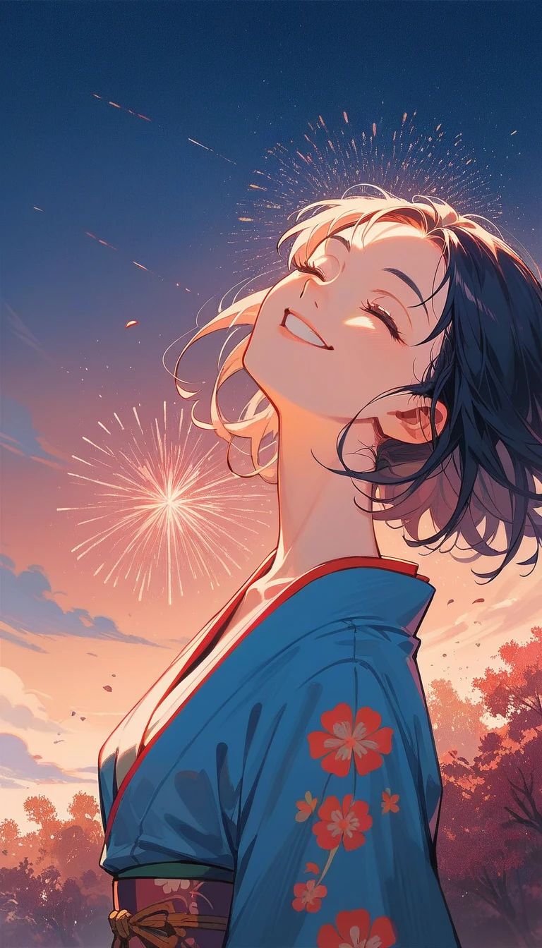 1girl, asa mitaka, wearing kimono with firework in background, (masterpiece), cinematic, beautiful light, best quality, newest,safe, absurdres, smiling , close eyes, look at camera, tilt head, turn head back