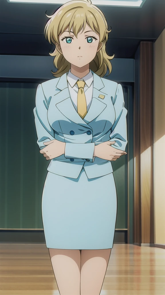 Miyuki Sakaki、OL,2０age、woman、Blonde、 Long Straight Hair、Green Eyes，悲しいface， Full Body Style 、 normal breasts、 narrow waist 、Bare legs、In a suit、 blue jacket ,襟付きshirt, shirt, yellow tie ,belt,,  Blue Mini Pencil Skirt, black tights，White pumps，My legs are slightly flabby， OFFICIAL ART, Extremely Fine CG Unity 8k Wallpaper,  full light, colorful , bright _ Front_face_ Lighting,  shiny skin, ( masterpiece:1.0),(Highest_quality:1.0), 超 Hi-Res,4K,Ultra-detailed, photo shoot, 8k,  Hi-Res,  Hi-Res,  absurd:1.2,  Kodak Portra 400,  film grain,  blurry background, Bokeh:1.2,  lens flare , (Vibrant_ color:1.2), Professional photography,Anime Images、