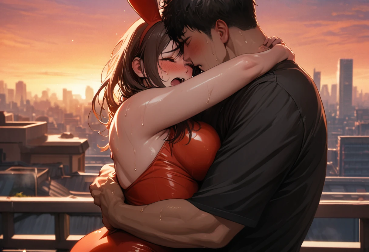 quality, semi-realistic anime, masterpiece, best quality, detailed picture, HD32k, outdoor, sunset, orange sky, rooftop, cityscape, 1girl, red bunny suit, bunny ear, long hair, brown hair, 1boy, bearhug, boy hug girl, carrying, carrying person, skiny skin, oily skin, blush, sweat,sweat drop, arched back, close eyes, pain, open mouth, close-up 7:01 PM
