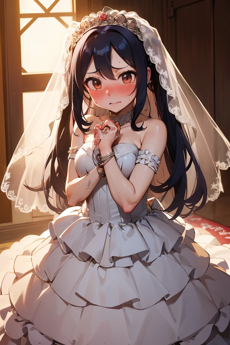 (( masterpiece, highest quality))), (girl)、NSFW(、10 ye、、black hair、twin tails、from below、(Wedding dress、glove、wedding veil、panties)angry look、anger、((close)), ((flushed)),,,Sweat、Hotel、lamp lighting、perfect composition、close、