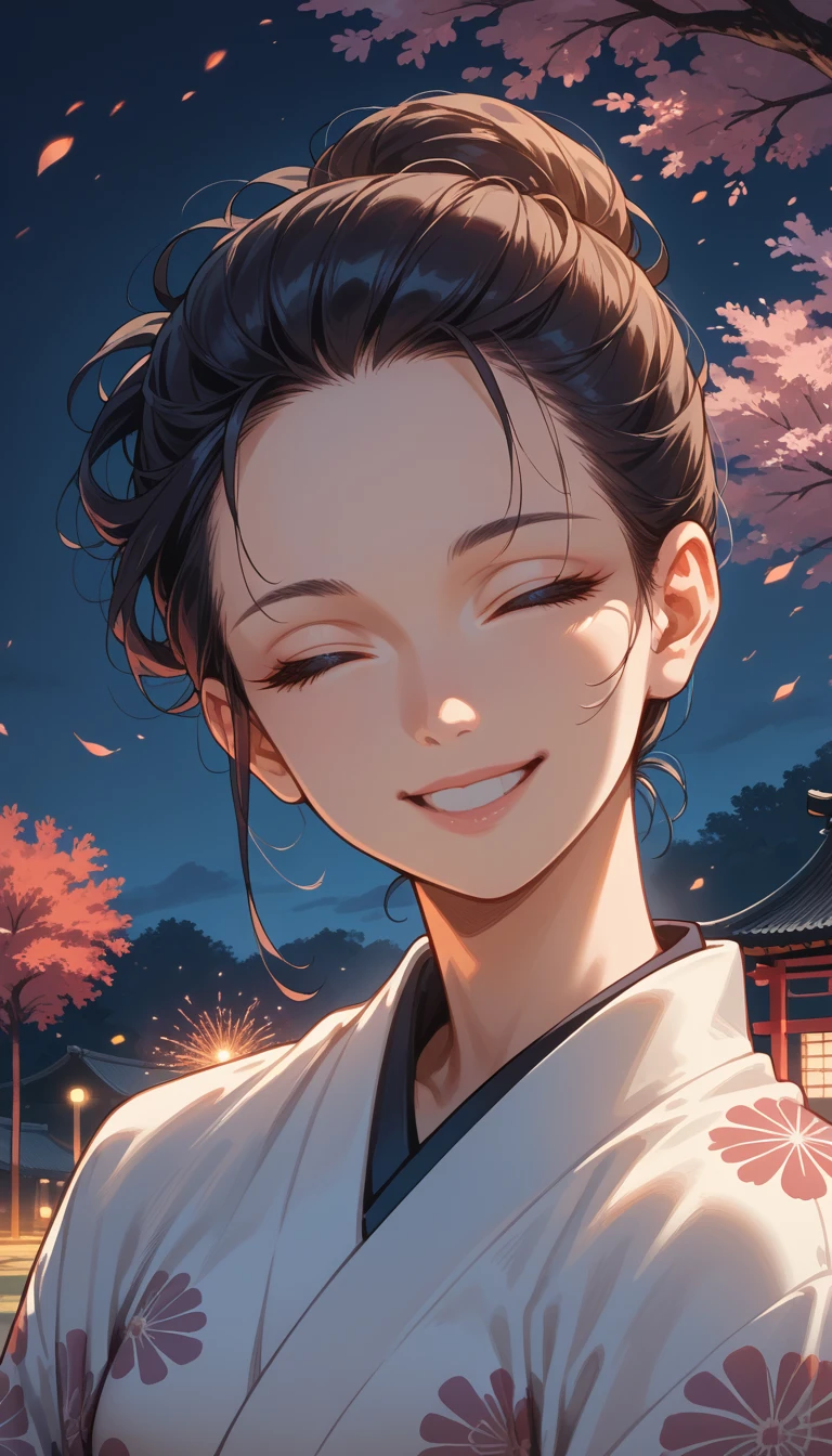 1girl, asa mitaka, wearing kimono with firework in background, (masterpiece), cinematic, beautiful light, best quality, newest,safe, absurdres, smiling , close eyes, look at camera, tilt head, turn head back